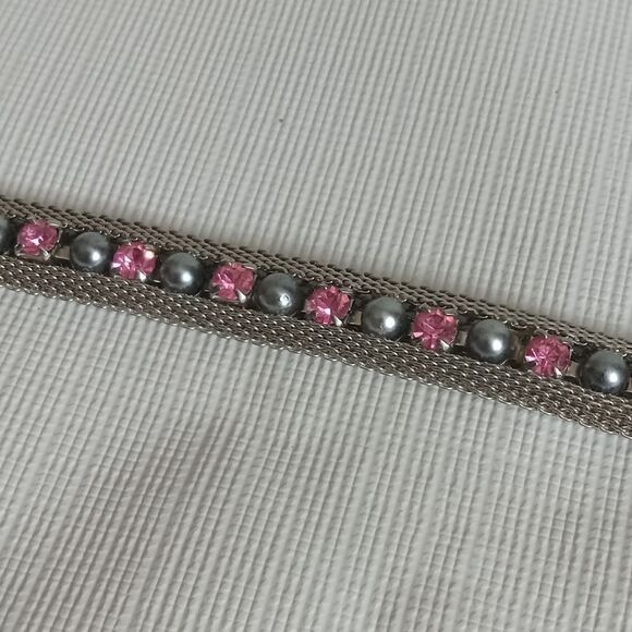 Vintage Unsigned Silver Tone Beads & Pink Rhinestones Mesh Choker Style Necklace - Picture 5 of 11